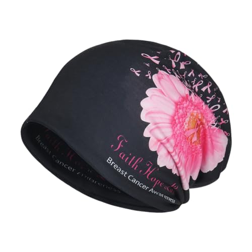 Jemis Sweet Heartwarming Breast Cancer Beanie Hat, Romantic Knitted Hat, Cancer Headwear Caps Baggy Skull Sleep Scarf - color: 2 Pack Pink & Black
