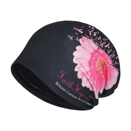 Jemis Sweet Heartwarming Breast Cancer Beanie Hat, Romantic Knitted Hat, Cancer Headwear Caps Baggy Skull Sleep Scarf - color: 2 Pack Pink & Black