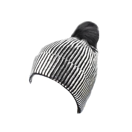Metallic Winter Cable Knit Beanie Hat Cap Warm Soft Skull Caps with Furry Fur Pom Pom - color: Silver