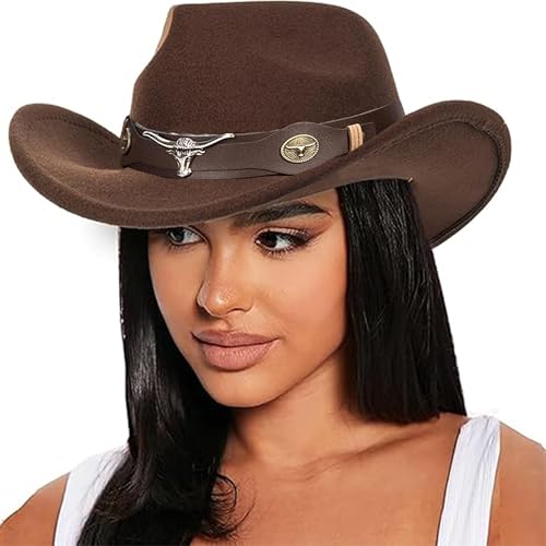 IZUS Women Sparkly-Rhinestone Western-Cowgirl-Hat Glitter-Bling Cowboy-Hat Felt-Rodeo-Hat for Disco-Party Medium/Large - color: Brown-s2 Brown Bull Strap
