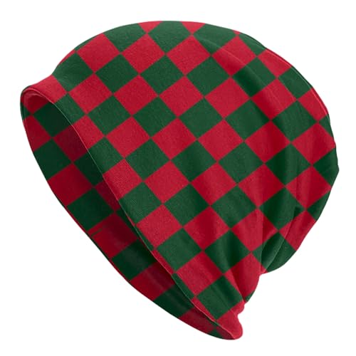 Slouchy Beanie Hat Skull Cap Chemo Headwear Baggy Hats for Men Women Running Cycling - color: Red Green Checkered