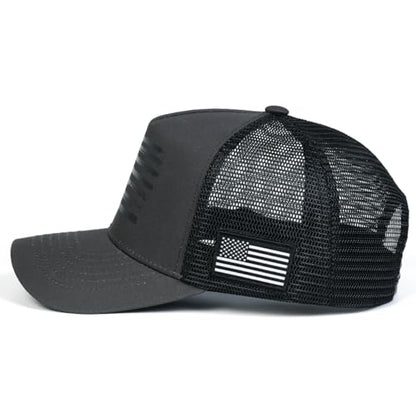 American Flag Trucker Hat, Breathable Mesh Snapback Baseball Cap for Men Women - color: Dark Gray
