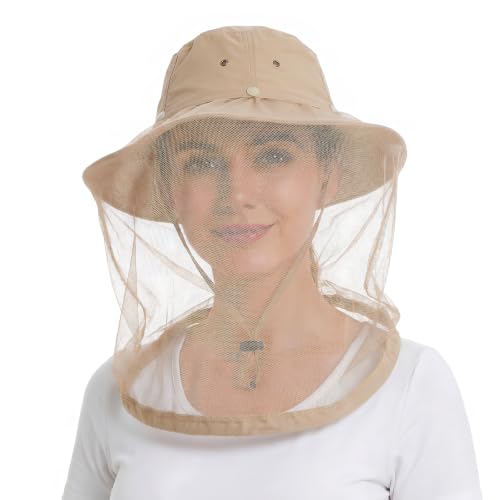 Mosquito Bug Net Hat for Women Men, Garden Sun Hats with Netting, Safari Cap Bucket Boonie Hats for Beekeeping Fishing Hiking - color: Khaki