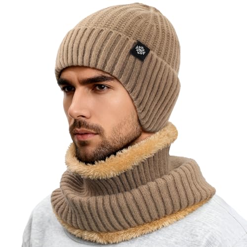 Trifabricy Winter Knit Hat Scarf Set, Fleece Lined Beanie and Neck Warmer - color: Khaki