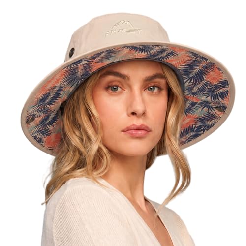 ChicPony™ Big Head Womens Ponytail Bucket Sun Hat Cooling Quick-Dry - color: Beige - Palm Leaf, size: Medium