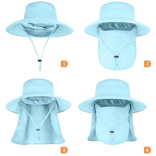 ZOORON Sun Hats for Men Women with Neck Flap Fishing UPF 50+ UV Protection - color: Blue (With Face Cover)