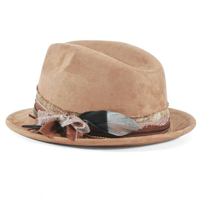 Fedora Trilby Hats for Men Women Handmade 1920s Classic Short Brim Hat with Feathers Unisex - color: Khaik