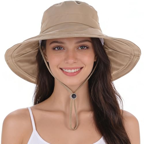 Women's UPF 50+ Waterproof Wide Brim Sun Bucket Hat with Ponytail Hole - color: Camel