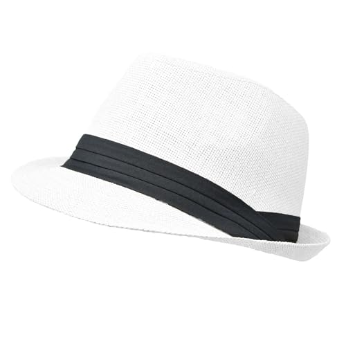 for Men Women Summer Fedora Panama Hat Trilby Cuban Straw Sun Hats Short Brim with Black Band - color: White, size: Small-Medium