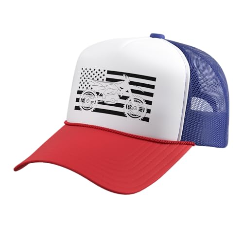 Dirt Bike Motocross Trucker Hat with Adjustable Mesh Back - color: Red/White/Royal Blue