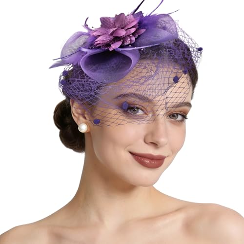 Semato Fascinators Hats for Women Mesh Feathers Elegant Purple Tea Party Kentucky Hat Derby Headband with Hair Clip - color: Purple