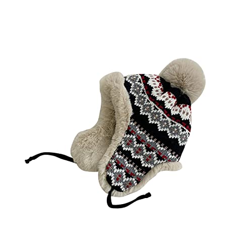 Women Winter Beanie Hat Thick Fleece Lined Warm Earflap Trapper Hat Pom Pom Jacquard Knited Outdoor Ski Snow Cap - color: Black