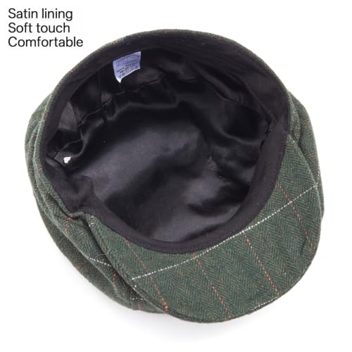 LADYBRO 8 Panel Newsboy Hats for Men Cap Irish Wool Blend Tweed, Adjustable - color: 004 Plaid Green, size: 7 3/4-8