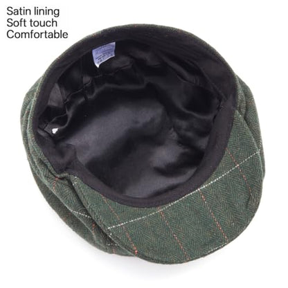 LADYBRO 8 Panel Newsboy Hats for Men Cap Irish Wool Blend Tweed, Adjustable - color: 004 Plaid Green, size: 7 3/4-8