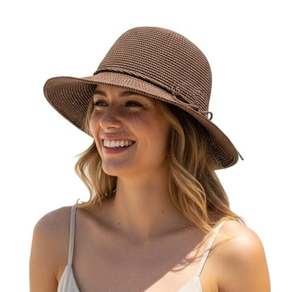 Womens Summer Straw Beach Sun Hats Packable Foldable Bucket - color: Coffee