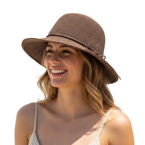 Womens Summer Straw Beach Sun Hats Packable Foldable Bucket - color: Coffee