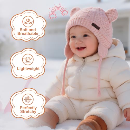 Duoyeree Baby Winter Hat, Bear Knit Earflaps Cotton Lined for Toddler Kids - color: Bear White and Pink, size: 12-18 Months