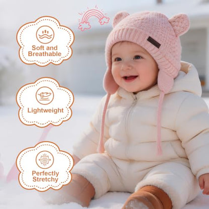 Duoyeree Baby Winter Hat, Bear Knit Earflaps Cotton Lined for Toddler Kids - color: Bear White and Pink, size: 12-18 Months