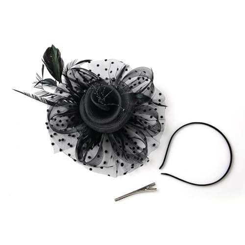 JUNBESTN Fascinators Hat Tea Party Headwear for Women Flower Mesh Feathers Headband - color: Black