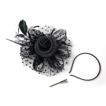 JUNBESTN Fascinators Hat Tea Party Headwear for Women Flower Mesh Feathers Headband - color: Black