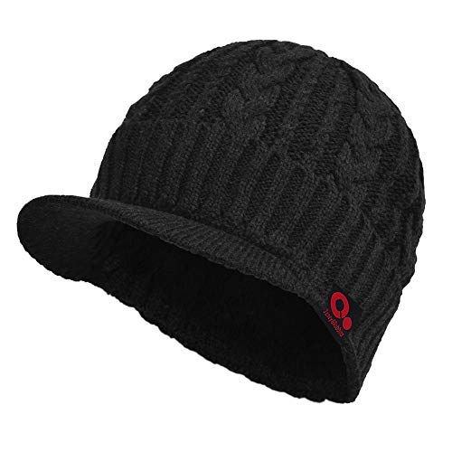 Winter Visor Beanie Brimmed Baseball Cap Fleece Lined Cable Knitted Billed Hat - color: Black