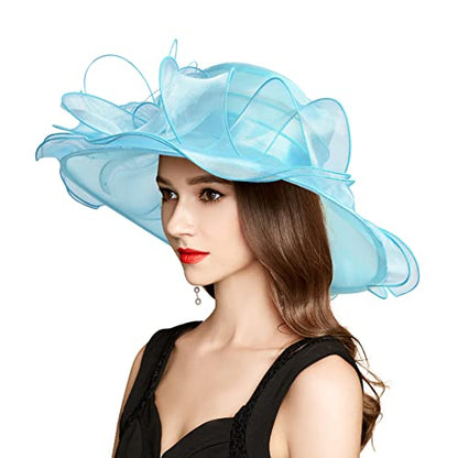 2026 Derby Hats for Women Ladies, Classy Organza Sun Hat, Church Tea Party Wedding Kentucky Fascinator Hat - color: C4062-light Blue