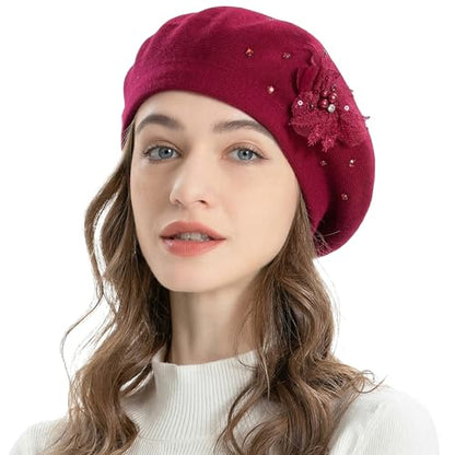 ZLYC Women French Beret Hat Reversible Solid Color Mosaic Warm Artist Cap - color: Bead Flower Burgundy