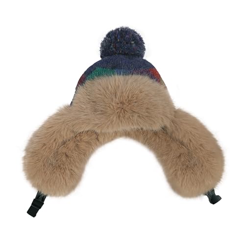 Women's Colorful Knit Trapper Hat with Faux Fur Ear Flaps & Pom Pom,Warm Winter Beanie Hat, Windproof Snow Skull Caps - color: Colorful-blue
