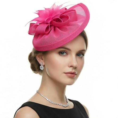 DRESHOW Fascinators Hat Feather Headband Women's Fascinators Tea Party Headwear with Clip Flower Head Band for Girls & Women - color: Medium Size: Dark Pink