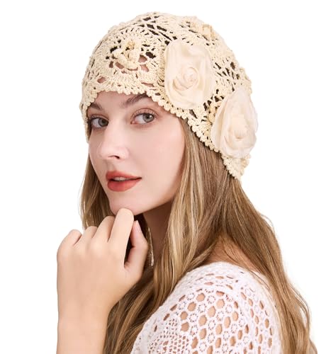 ZLYC Women Cotton Crochet Slouchy Beanie Hat Handmade Knit Summer Skull Cap - color: Decorative Flowers Beige