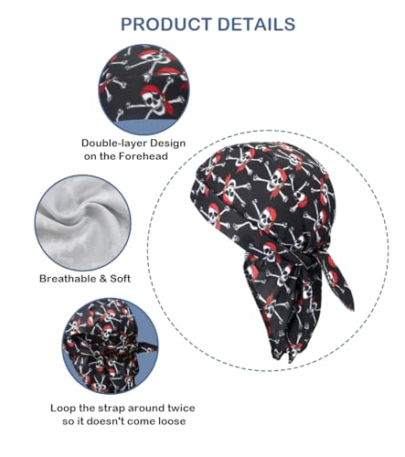 Sweat Wicking Do Rags Skull Caps, Cooling Hip Hop Hat, Beanie Durag Motorcycle Head Wrap Doo Rag Liner for Men Women - color: Red Hat Skull