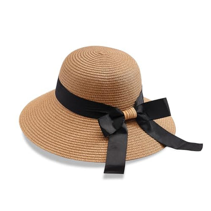 MILAKOO Straw Mesh Buckle Hat Ribbon Bow Cap Strap Foldable Roll Up Cap Sun Protection Hat for Travel - color: 01 Khaki
