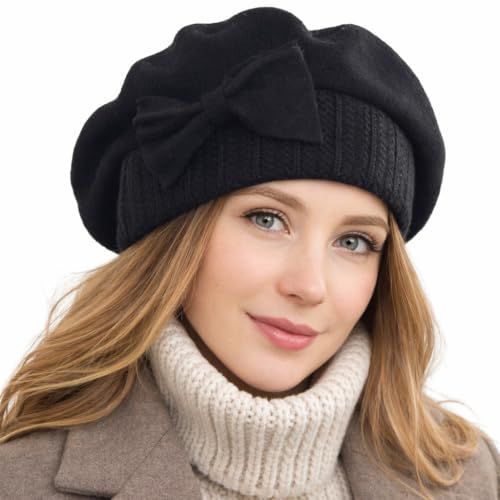 VECRY Women's 100% Wool Bucket Hat Felt Cloche Beret Dress Winter Beanie Hats - color: Beret-black