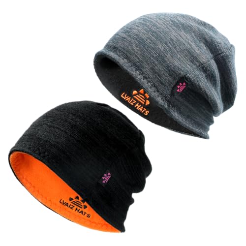 2 Pack Lvaiz Fleece Lined Winter Beanie for Men Women Reversible Skull Cap - color: 2pack(black+mixed Black)