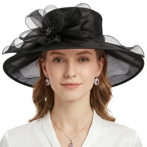 DRESHOW Women Organza Hat Church Cap Hats Clearance Kentucky Derby Cocktail Tea Party Wedding Flower Hat with Wide Brim - color: Royal Black
