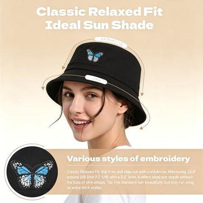 ZLYC Cotton Bucket Hat for Women Men Embroidered Packable Summer Sun Cap - color: Butterfly Black