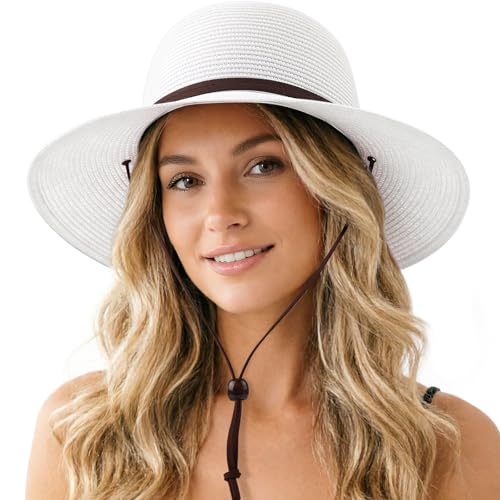 DRESHOW Womens Summer Straw Sun Hat Wide Brim Bucket Hats Fedora Hat Panama Beach Hat with Chin Strap UPF 50+ - color: Straw Hat With Wind Lanyard: White
