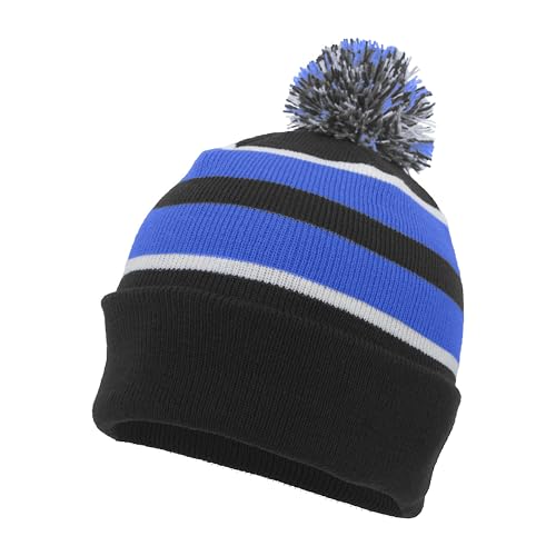 Pacific Headwear Unisex Adult Pacific Headwear Knit Fold Over Pom-pom Beanie - color: Black/Royal/White, size: One Size