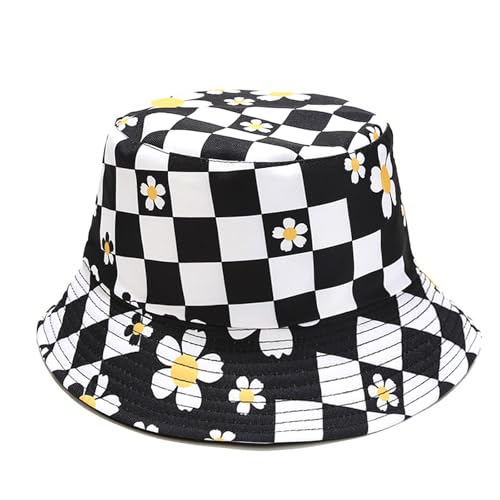Bucket Hat for Women Men, Cotton Reversible Double Side Wear Sun Hats Beach Fisherman Hat - color: Small Checkered Flowers Black