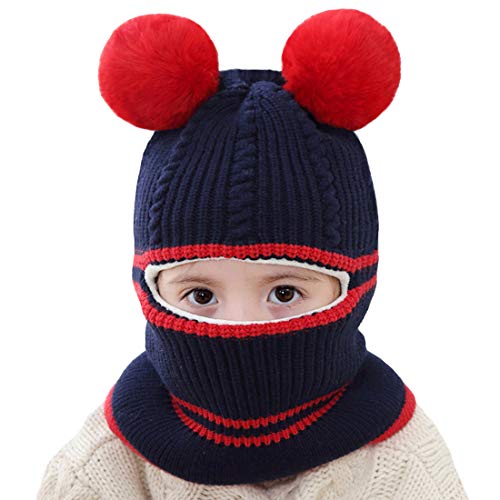 Toddler Winter Hat Baby Balaclava 2 in 1,Fleece Lined Knitted Beanie with Face Mask, Ear Flaps & Pom Pom for Boys Girls - color: Bear-dark Blue
