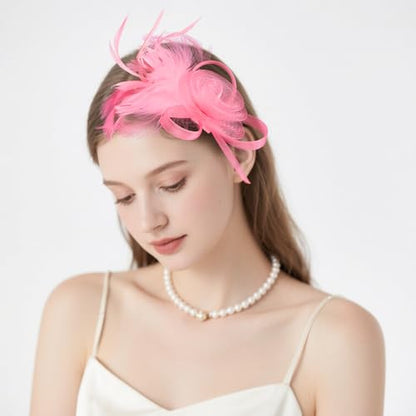 AMCAMI Fascinators Hats with Feather for Women 2026 Derby Hats Small Tea Party Hat with Headband - color: Pink