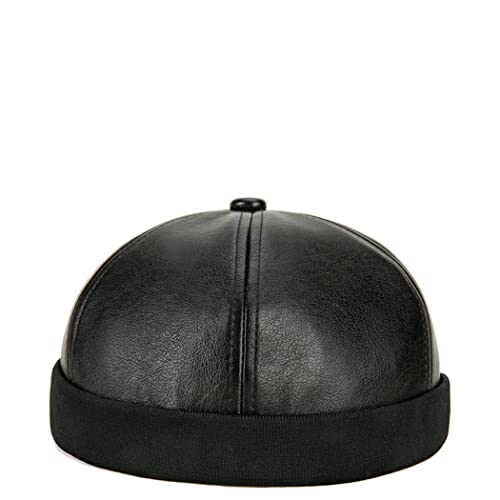 Unisex Faux Leather Docker Cap Brimless Leon Hat Skull Cap Beanie for Men Women - color: Black