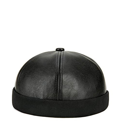 Unisex Faux Leather Docker Cap Brimless Leon Hat Skull Cap Beanie for Men Women - color: Black