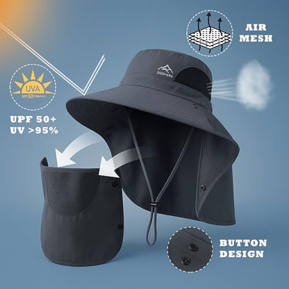 Sun Hat for Men & Women, Breathable Wide Brim Outdoor Fishing Hat with Face Cover & Neck Flap - color: Dark Gray