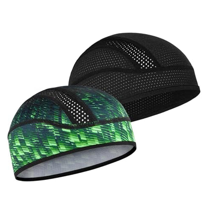 MELASA Cooling Skull Cap Breathable Mesh Sweat Control Helmet Liner for Men - color: Black&aurora Green