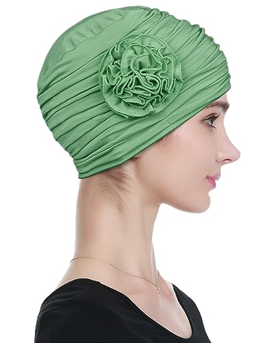 Alnorm Flower Design Chemo Hair Loss Caps Cancer Headwear for Women - color: Avocado Green