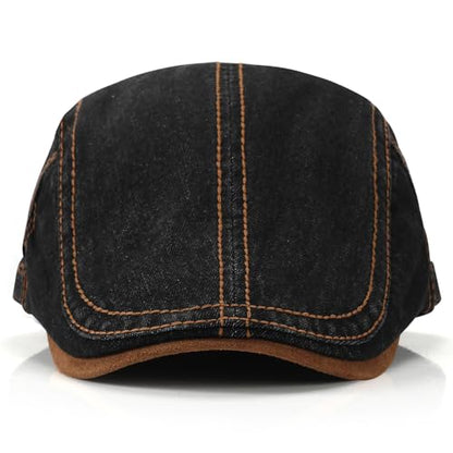 Mens Herringbone Tweed Newsboy Cap Flat Ivy Gatsby Hat Adjustable Cabbie Cap for Women - color: Denim Black