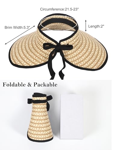 sy soul young Women's Straw Hat with Ponytail Hole Wide Brim Visor Sunhat - color: Black & Beige