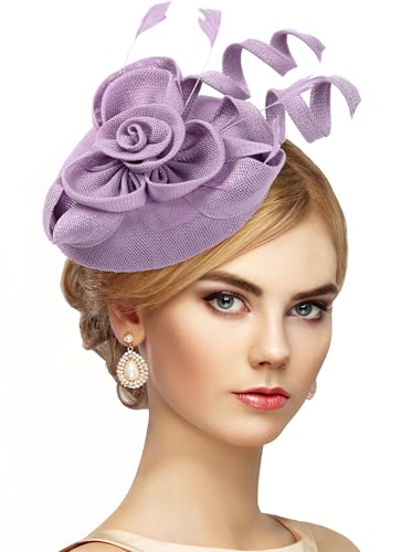 Zinniday 2026 Victoria Derby Fascinator - Kentucky Church Hats 1920s 50s Vintage Tea Party Hat with Hair Clip for Women - color: Light Purple