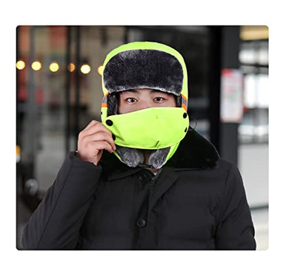 Mens Winter Thermal Trapper Hat Russian Ushanka Ski Hunting Dad Cap Ear Flaps Motorcycle Cycling Mask Women Warm Fur Snow Hat - color: 3-in-1 Green, With Reflective Strip